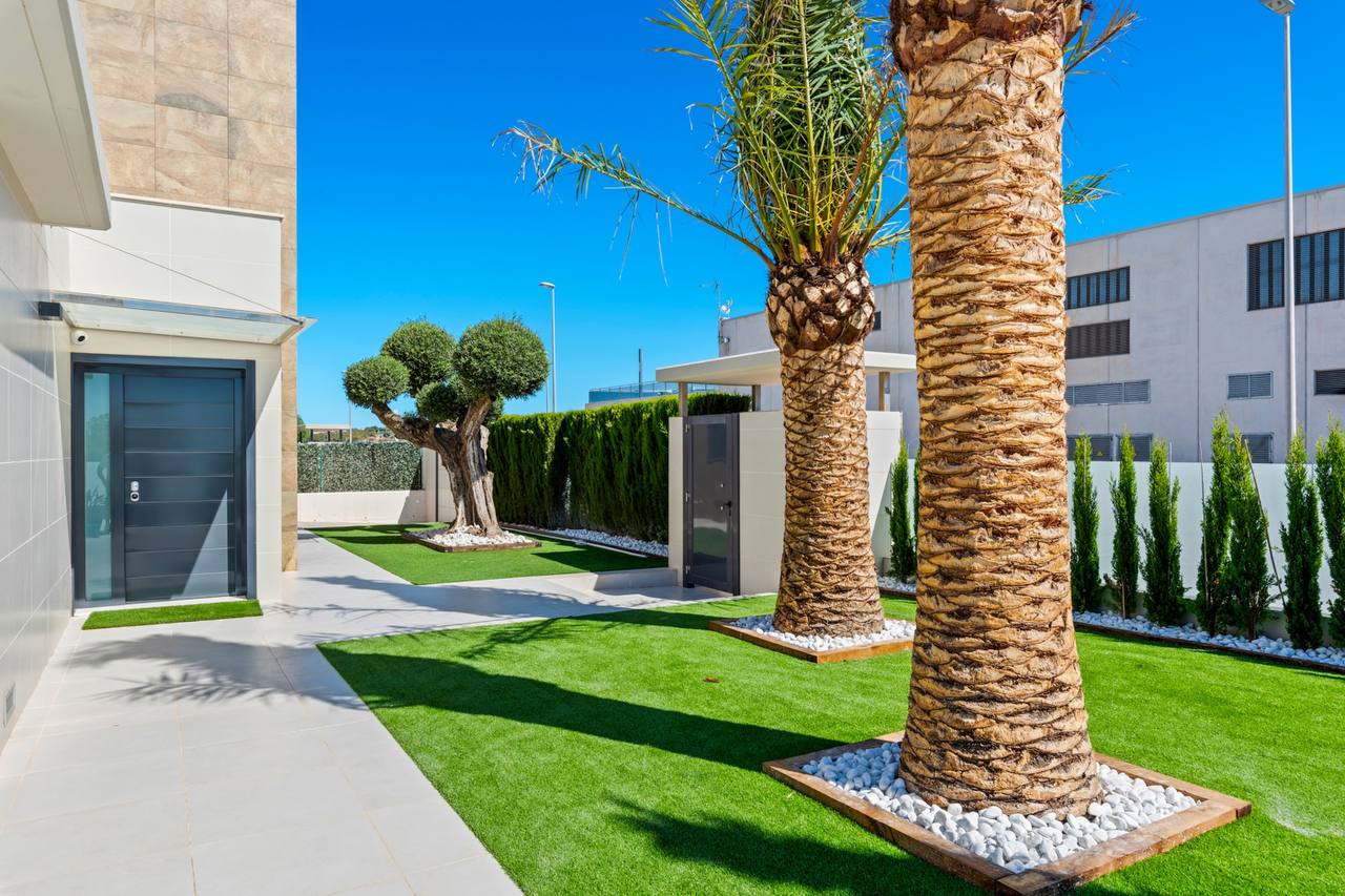 Backyard with palm trees and decorative landscaping